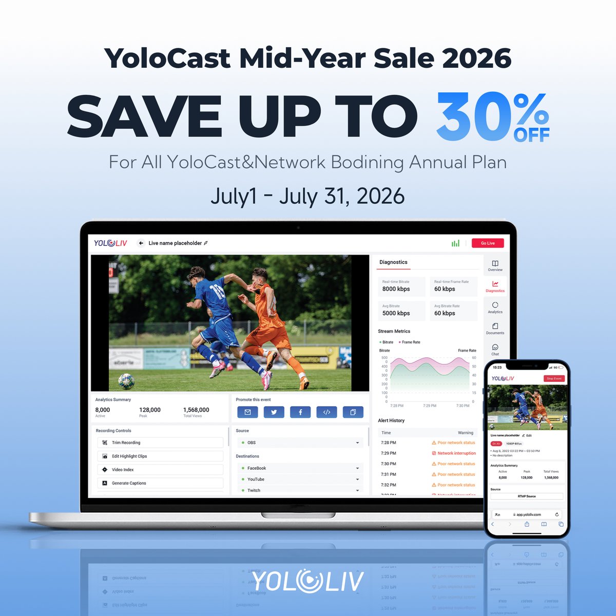 YoloLivTech's tweet photo. 𝐘𝐨𝐥𝐨𝐋𝐢𝐯 𝐌𝐢𝐝-𝐘𝐞𝐚𝐫 𝐒𝐚𝐥𝐞 𝟐𝟎𝟐𝟔 — 𝐒𝐚𝐯𝐞 𝐔𝐩 𝐭𝐨 $𝟑𝟎𝟎 𝐨𝐧 𝐘𝐨𝐥𝐨𝐁𝐨𝐱 &amp; 𝐘𝐨𝐥𝐨𝐂𝐚𝐬𝐭.

Best Price of The Year. Offer valid July 1–31.

There's never been a better time to upgrade your setup.

#YoloLiv #YoloBox #YoloCast #StreamingGear #MidYearSale https://t.co/IQ2Q8NEzRV