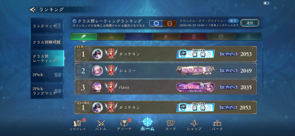 ointarou's tweet photo. 純テンポエルフでCR瞬間1位達成しました！
進化軸よりも攻めっ気のあるデッキタイプとなっており、ドラ対面にはかなり強くなってます！
#シャドバWB https://t.co/zaHvd61iZV