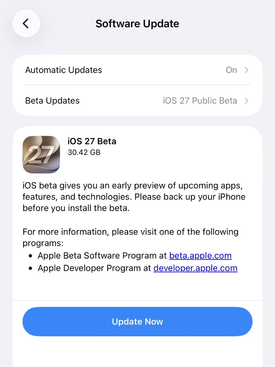 juanrichd's tweet photo. iOS 27 Public Beta udah bisa dicobain guys! 🙌🏻 https://t.co/wUJO32Xkfa