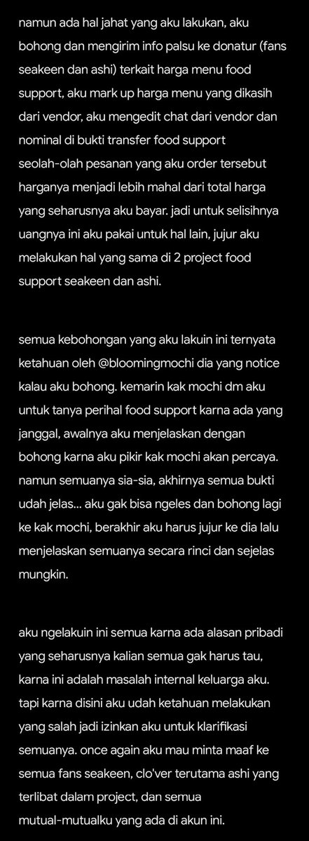 dazzlingkkk's tweet photo. pengakuan jujur dan permintaan maaf aku terkait 2 project food support untuk seakeen dan ashi.

aku mengaku salah dalam melakukan hal jahat ini, aku gak akan membela diri atas apa yang udah aku lakuin karna ini sepenuhnya ini adalah salah aku.

mohon maaf dan terima kasih.
- Ayy https://t.co/kCLDRXBJAl