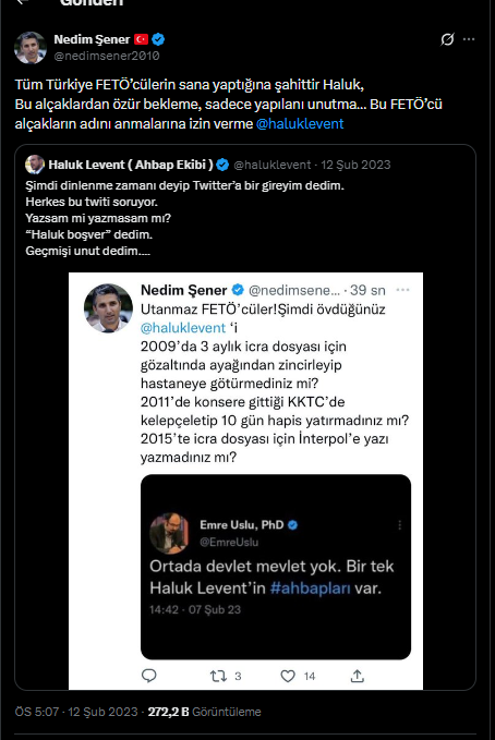 BBasvuruH's tweet photo. Türkan Saylan'ın öğrencisi Haluk Levent ile Nedim Şener, Hatay depremini bahane ederek masum insanlara iftira atmışlardı.

Bugün ise Haluk Levent, aynı suçlamalar kapsamında yeniden gözaltına alındı.

"Berâet-i zimmet asıldır." diyoruz ve yargılamanın sonucunu bekliyoruz. ... https://t.co/go1dKvFe75