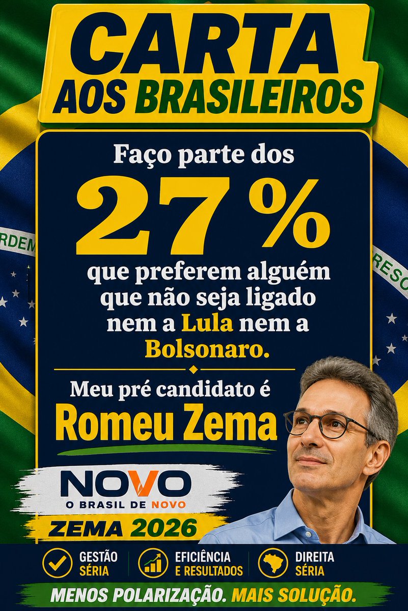 AurichMarcos's tweet photo. Eu tô com os 27% que cansaram da mesma briga de sempre. Nem Lula, nem Bolsonaro. Quero gestor, não torcida organizada. E é aí que Zema entra como alternativa real. https://t.co/sLX5jNS0pG