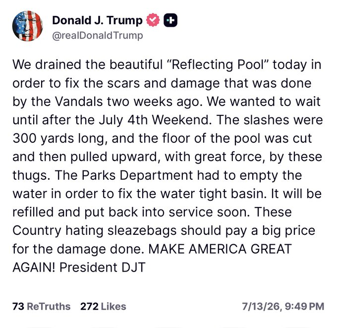 mmpadellan's tweet photo. 300 feet became 300 yards.
The algae became vandals.
The botched paint job became "scars."
trump is not describing a crime scene.

He's writing fan fiction about his own incompetence. And you know what's worse?

He's hiring THE SAME COMPANY to f*ck it up again. https://t.co/GBlehDyPlY