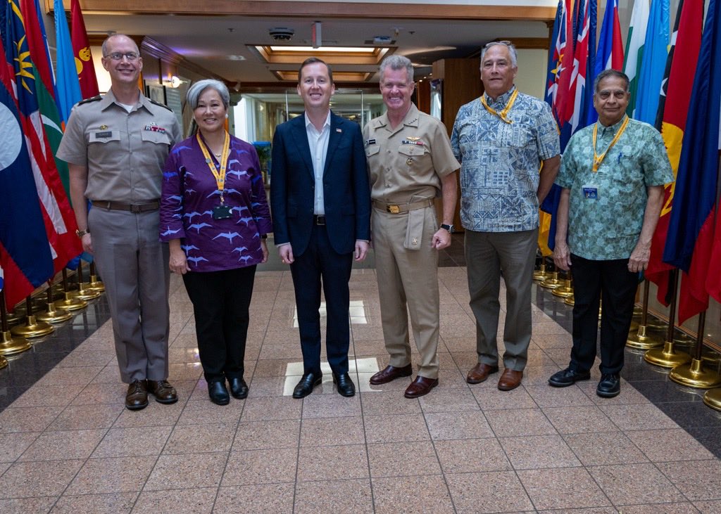 USAmbIndia's tweet photo. Honored to have been invited to speak at @APCSS on strengthening operational burden-sharing across the region. The United States is working with Indian Ocean nations to build critical port infrastructure with trusted vendors - ensuring vital maritime networks remain secure, resilient, and free from strategic dependency.