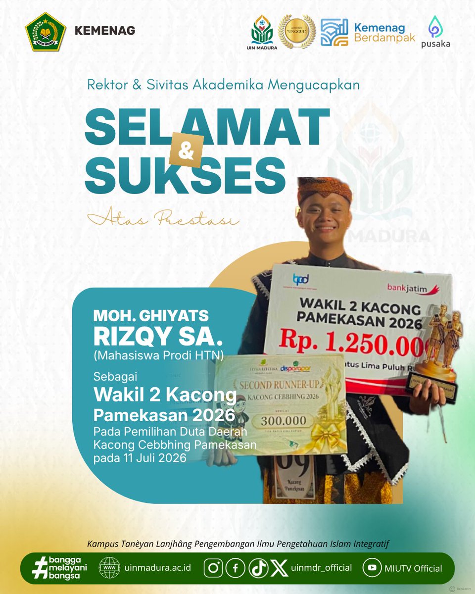 uinmdr_official's tweet photo. Selamat &amp; Sukses atas Prestasi Moh. Ghiyats Rizqy Safari Abdi mahasiswa Prodi HTN FASYA sebagai Wakil 2 Kacong Pamekasan 2026 dalam ajang Pemilihan Duta Daerah Kacong Cebbhing Putra Putri Batik Pamekasan pada 11 Juli 2026.

#UINMadura #UINMaduraKampusJuara #MahasiswaBerprestasi https://t.co/f6mZAguuoJ