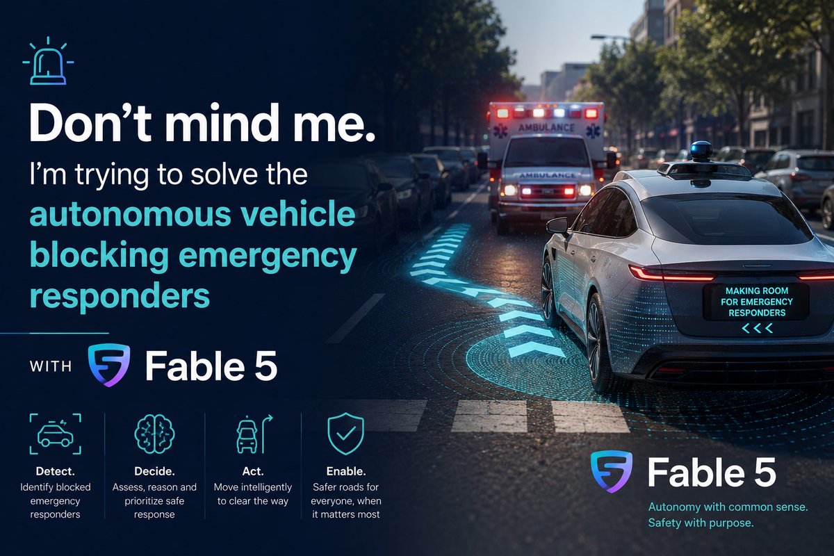 S_Lowery's tweet photo. Don’t mind me. I’m trying to solve the autonomous vehicle blocking emergency responders with Fable 5 before I lose access. https://t.co/e1wFq3diT4