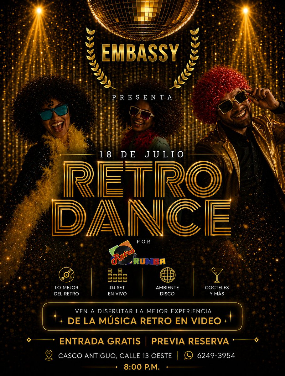 diversionpty's tweet photo. ¿TE GUSTA LO RETRO? Disfruta la mejor experiencia de la época dorada de la música, con La Retro Rumba, Embassy, 18 de julio, 8 pm.
Baila y goza con lo mejor de la música retro en video.
Entrada gratis y acceso directo desde Parkea PTY en la Cinta Costera 3.
¡No vayas a faltar! https://t.co/88kAkKqmqQ