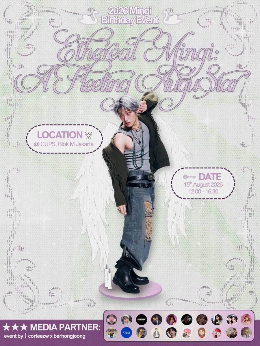 doubleBmine's tweet photo. 2026 Mingi Birthday Cafe Event by @corteezw @berhongjoong

★ Ethereal Mingi: A Fleeting AuguStar ★
🗓 15th August, 2026
🕐 12.00 - 16.30
📍Cups Blok M, JKT

RSVP: 14th July (8 PM) - 20th July
🔗 https://t.co/nkEFhiZjsF

➕ Details on pic
#OurAuguStarMingi
#MINGI #ATEEZ #민기 https://t.co/64IZmYfYRl