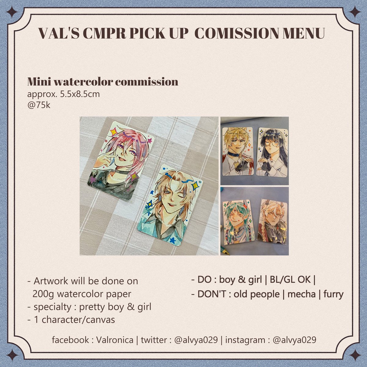 alvya029's tweet photo. 💙Val's COMIPARA 7 Watercolor CMSN PO💙
[❤︎ &amp; ⟳ are very appreciated]

🗓️ Close PO 10 Oktober 2026
📍 PICK UP at Comipara 7 day 1&amp;2 booth E21-22 Q=TAVVA 11.00 - 16.30 WIB
🔗form cek reply

bisa kirim2 tapi ada fee packing &amp; ongkir https://t.co/uokAKl5J7A