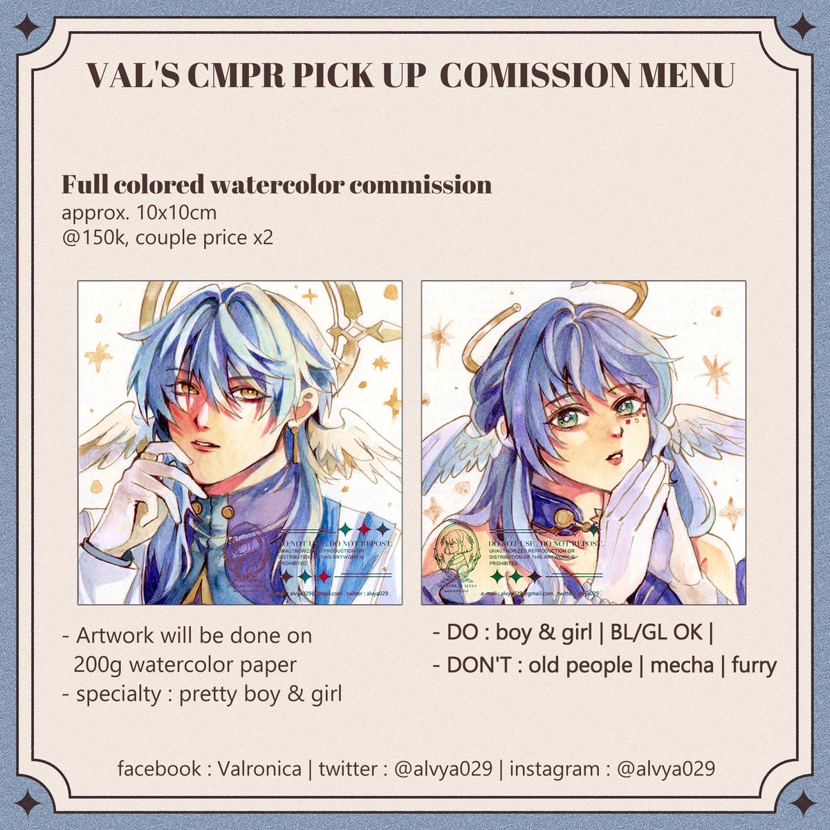 alvya029's tweet photo. 💙Val's COMIPARA 7 Watercolor CMSN PO💙
[❤︎ &amp; ⟳ are very appreciated]

🗓️ Close PO 10 Oktober 2026
📍 PICK UP at Comipara 7 day 1&amp;2 booth E21-22 Q=TAVVA 11.00 - 16.30 WIB
🔗form cek reply

bisa kirim2 tapi ada fee packing &amp; ongkir https://t.co/uokAKl5J7A