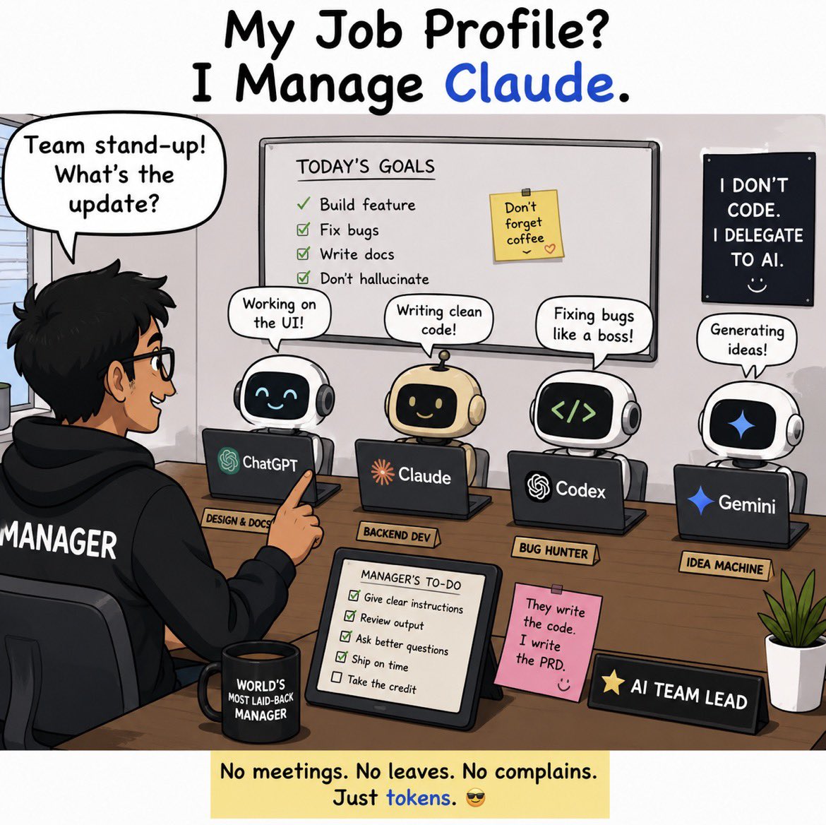 nd99andy1's tweet photo. Career progression in 2032…

👨‍💼 “So, what’s your job profile?”

Me: “I manage Claude.”

“They report to you?”

“No… I report to the token limit.” 😂

#AI #Claude #DeveloperHumor #FutureOfWork https://t.co/jeCFeqIiBK