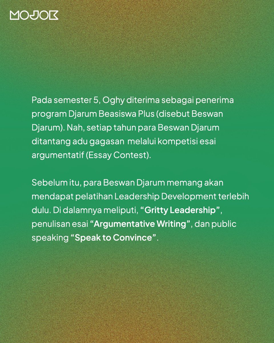 mojokdotco's tweet photo. Ia diterima sebagai penerima program Djarum Beasiswa Plus. Esai yang ditulisnya bahkan mengantarkannya menjadi 1 dari 16 finalis Essay Contest Beswan Djarum 2026. https://t.co/Wrt9ma3seE