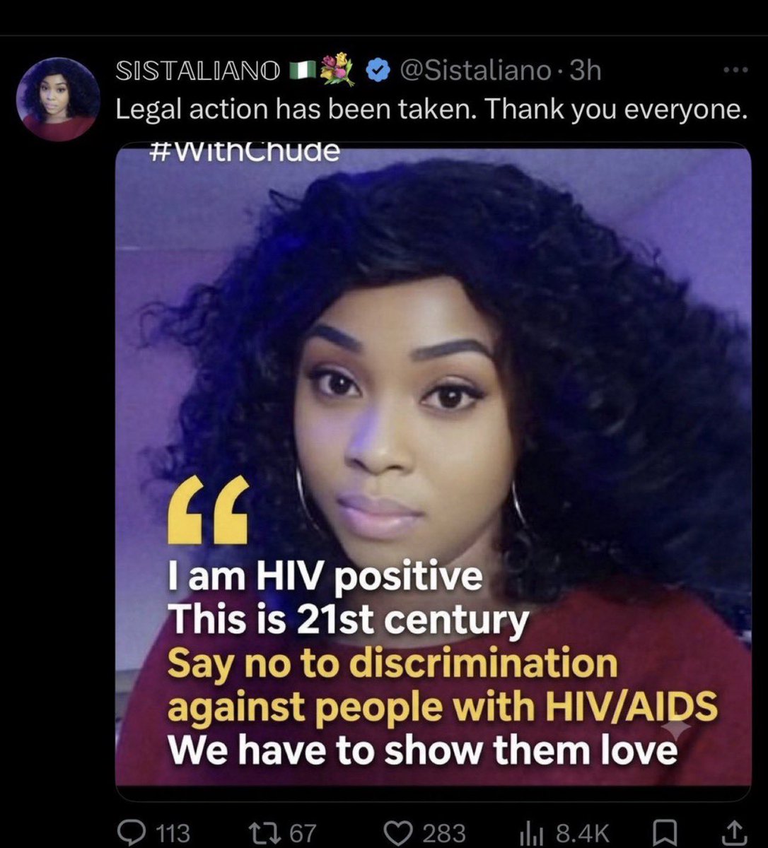 ResponseNo10's tweet photo. I know I detest this bigot @Sistaliano  but I strongly stand against stigmatisation. 
Anybody stigmatising her should be accounted for. HIV is not a death sentence and to those living with HIV, there shouldn’t be any shame for your situation. 
No to stigmatisation!! https://t.co/Y2M6lCzIdD