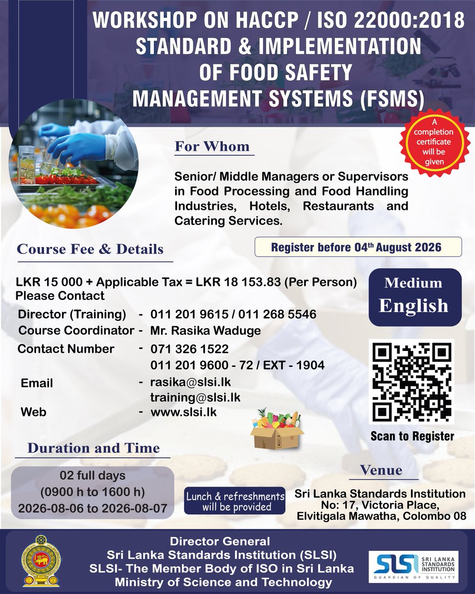 SLSIOfficial's tweet photo. Workshop on HACCP / ISO 22000:2018 🍴
Learn key food safety, HACCP & ISO 22000 requirements and how to implement an effective FSMS to ensure safe food, certification readiness and support global trade.
#SLSI #HACCP #ISO22000 #FSMS #Training #SriLanka https://t.co/uGzMOty2Rv