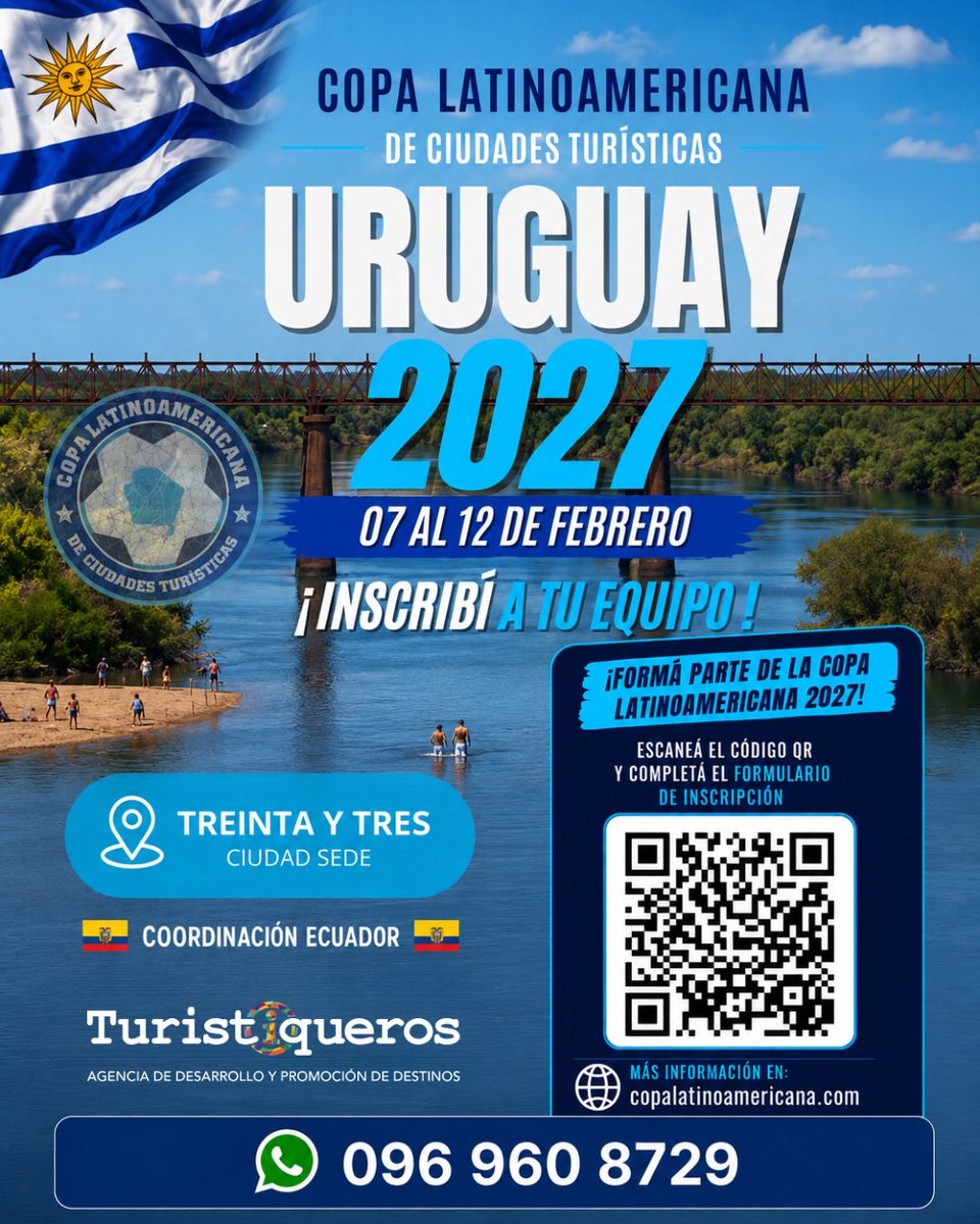 jorgemorip's tweet photo. ⚽🏆 ¡La pasión por el fútbol cruza fronteras! 🇪🇨🤝🇺🇾

🌎 Representa al Ecuador en la Copa Latinoamericana de Ciudades Turísticas – Uruguay 2027.

📅 Del 7 al 12 de febrero de 2027

🏅 Invitamos a los GADs, Municipios, Prefecturas y Escuelas de Fútbol del Ecuador a participar. https://t.co/0SzRE8hZzB