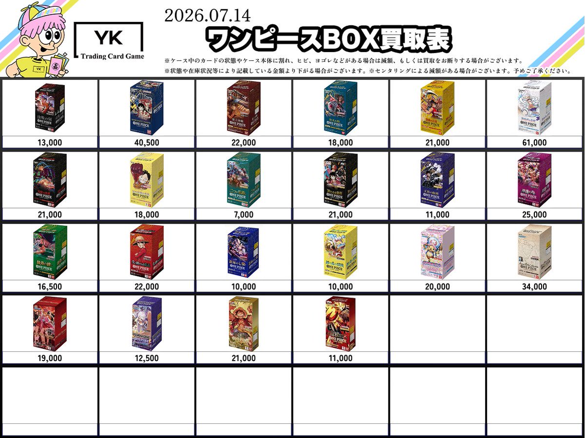 ✨ワンピースカードゲームBOX買取表✨ ワンピースカードゲーム未開封