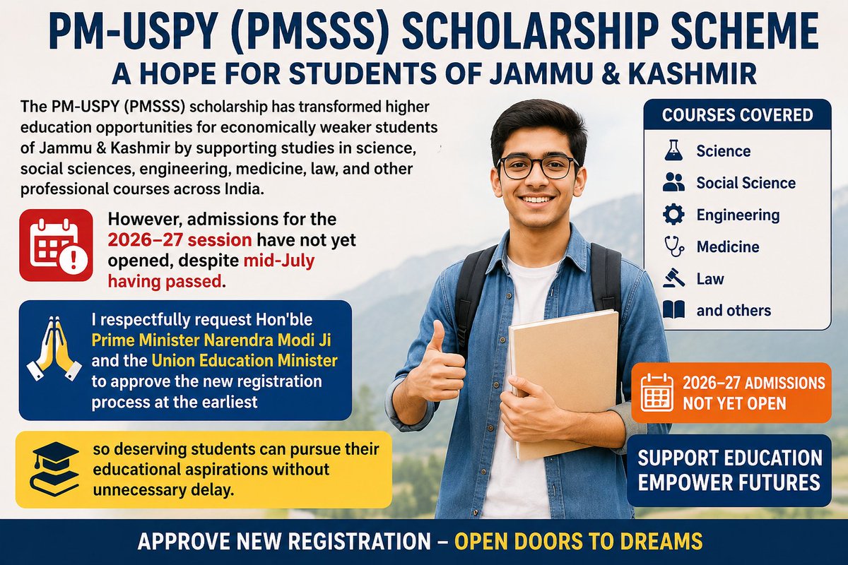 Rizwanpirpanjal's tweet photo. The PM-USPY (PMSSS) scholarship has empowered thousands of J&K students. However, 2026–27 registration remain pending.
Respectfully urge Hon'ble PM @narendramodi Ji & @EduMinOfIndia to approve & open PMSSS registration earliest.
@PMOIndia
@AICTE_INDIA
#PMSSS
#JammuKashmir https://t.co/K8vZCfGcHc