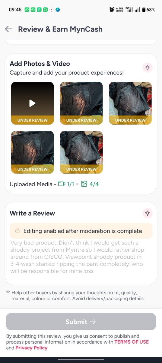 amityezz's tweet photo. Didn't think I would get such a shoddy project from Myntra so I would have rather shop around from sheesho.  shoddy product in 3-4 washes  started ripping the pant completely. @myntra who is responsible for mine loss. And mine review they have no attention. https://t.co/CKRxPBVBR2