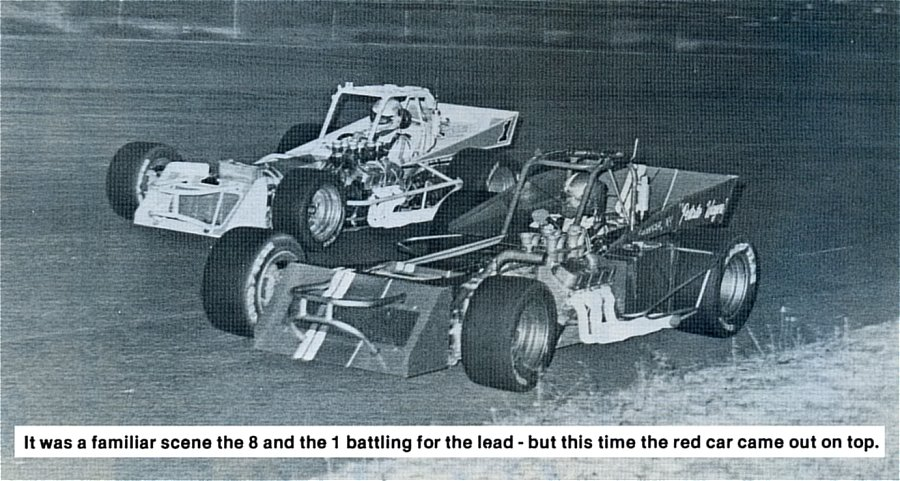 DaveTaylor96268's tweet photo. July 17th 1982, Oswego Speedway 35 lap feature winner Mike McLauglin #8, races runner-up Doug Heveron #1, Photo from the "Oswego Eagle" weekly program. https://t.co/DBOnbFzAGv