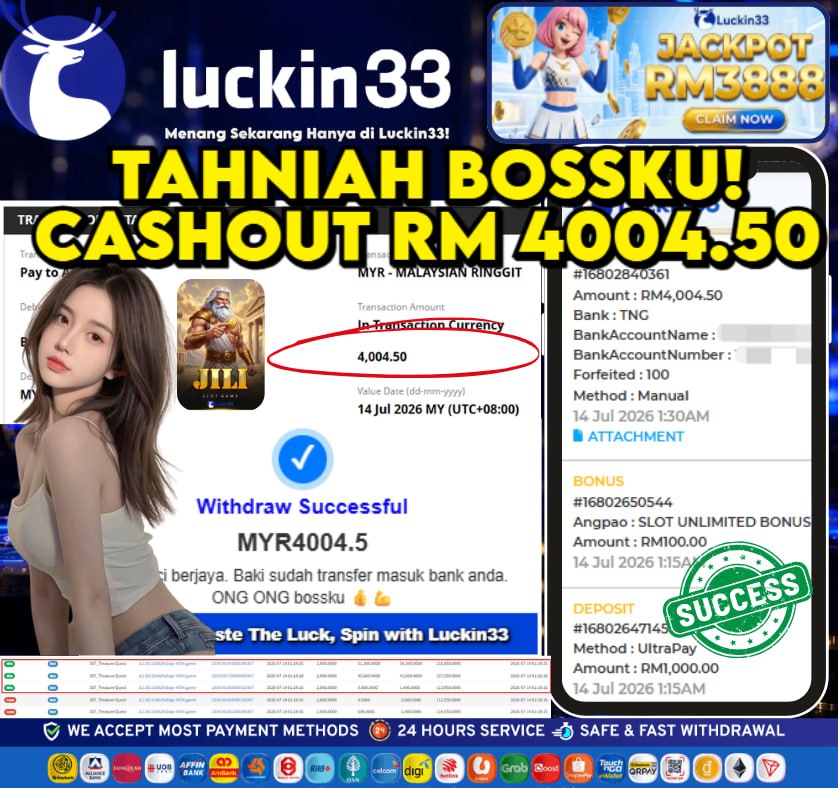 luckin33channel's tweet photo. 🔥 BIG WIN, BIG WITHDAW! 🔥
RM 4,004.50 berjaya dikeluarkan!

⚡ Deposit mudah
⚡ Withdraw pantas

🎯 Cubalah nasib anda hari ini!

🎉Luckin33
Join US now! >>>
Link  >>> https://t.co/8Xnikrc4Bb

#LUCKIN33 #CASINO #ONLINEGAME #SLOTGAME #LIVEGAME https://t.co/cyfE7lhwjg