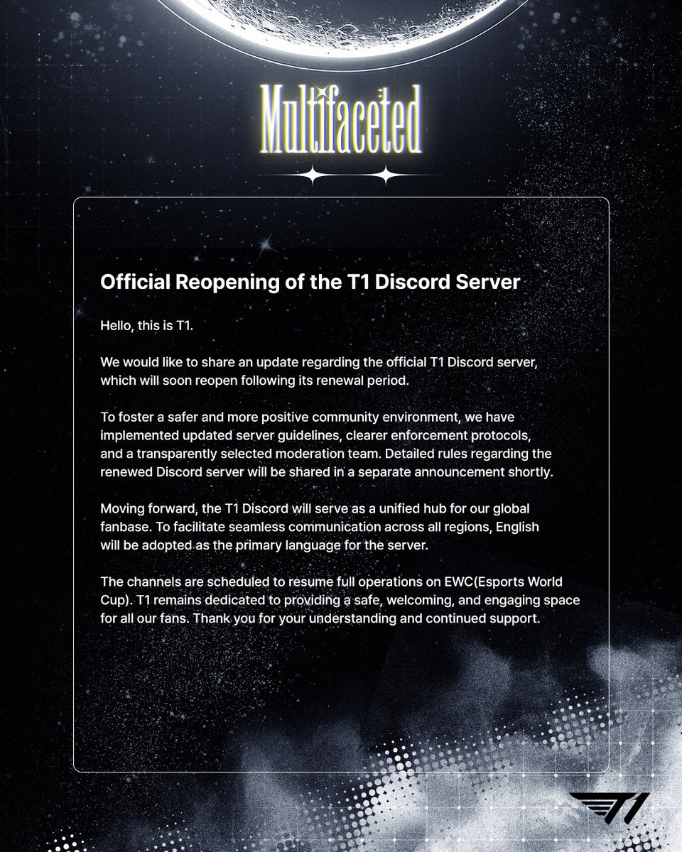 T1_official_gg's tweet photo. 📢Official Reopening of the T1 Discord Server

📎https://t.co/OY3dkLjbZ2

#TogetherAs1 https://t.co/zGpiTLUC9x
