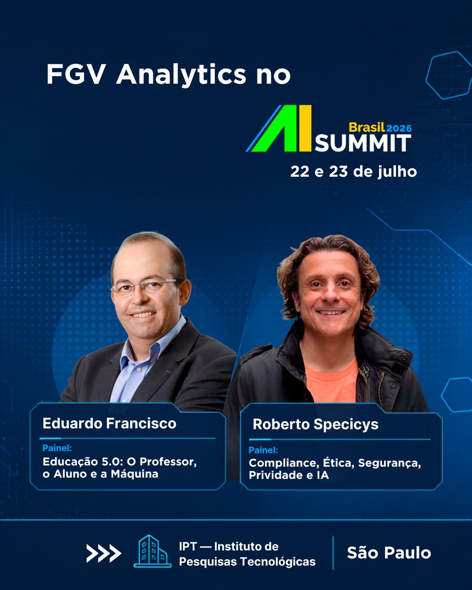fgvanalytics's tweet photo. FGV Analytics participa do AI Summit Brasil 2026 em debates sobre educação, ética e segurança em IA
Data: 22 e 23 de julho de 2026
Local: IPT — Instituto de Pesquisas Tecnológicas, São Paulo
Programação: https://t.co/ZT9BFb2NSn https://t.co/hKuE7p15O7