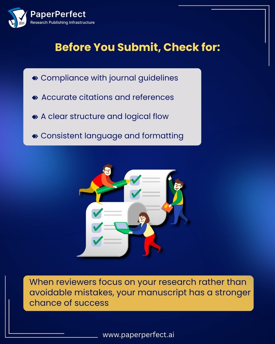 scholarlynexus's tweet photo. Strong research can still face delays due to avoidable manuscript mistakes. 

Before submission, ensure clear objectives, consistent formatting, complete references, strong data presentation, and journal compliance. 

#Research #AcademicWriting #ResearchPublication https://t.co/RpstXkK8gJ