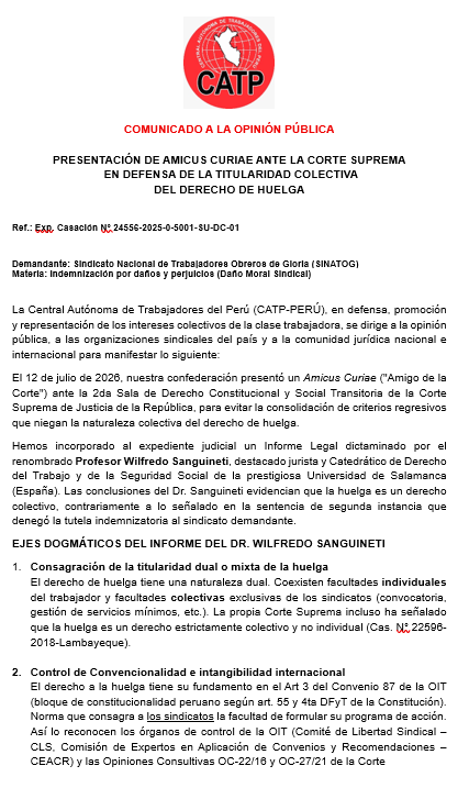 catpperu's tweet photo. La #CATPPerú presentó un #AmicusCuriae ante la Corte Suprema en defensa de la naturaleza colectiva del derecho de huelga. Lo que se decida marcará un precedente para la protección de la libertad sindical en el país. #DerechoDeHuelga #LibertadSindical https://t.co/8A5iK4iPzV