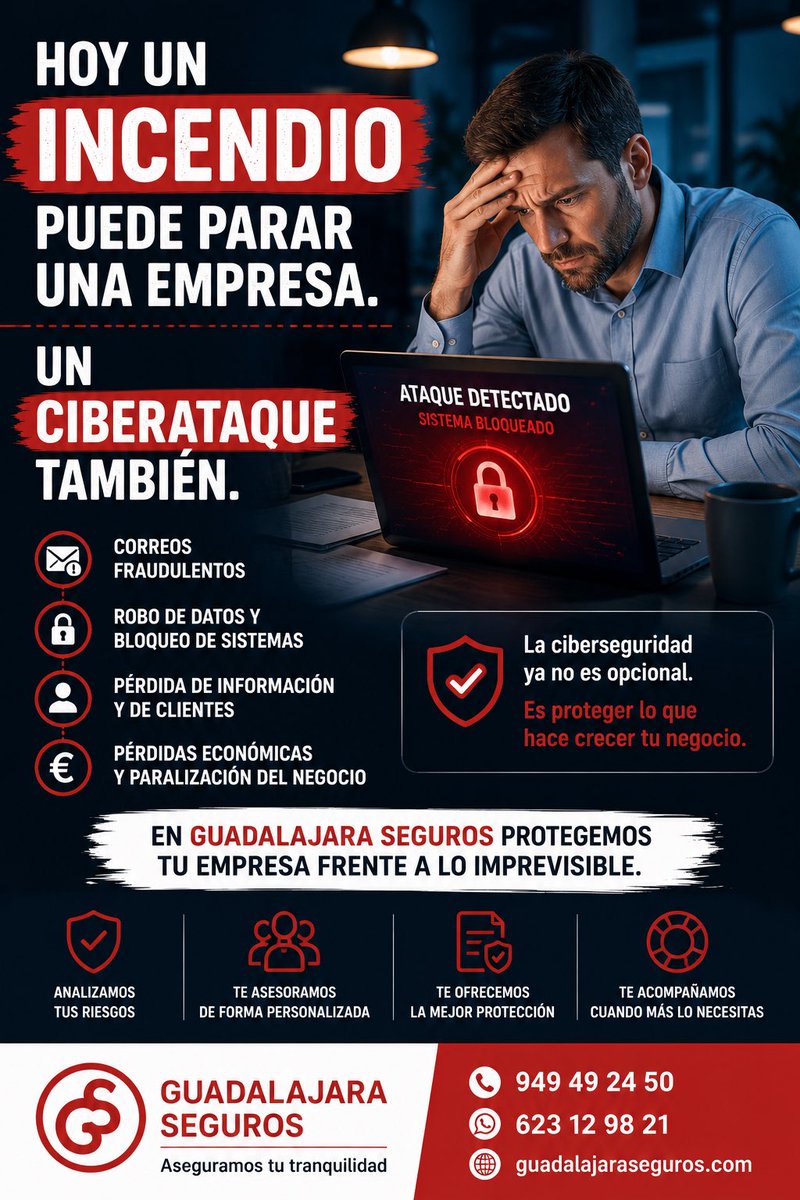 GuadaSeguros's tweet photo. Un incendio puede parar una empresa
Un ciberataque también
Hoy el mayor riesgo no siempre entra por la puerta
A veces llega por un correo electrónico.
La mejor protección empieza por conocer los riesgos… y tener un plan para responder
#Ciberseguridad #Pymes #Empresas #Seguros https://t.co/iofrd9mvsk