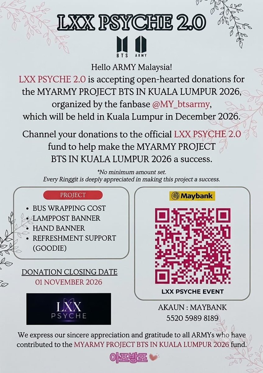 LxxPsyche's tweet photo. 💜 LXX PSYCHE 2.0 × BTS Malaysia ARMY

We’re proud to join hands with MYARMY Malaysia in supporting the MYARMY PROJECT BTS IN KUALA LUMPUR 2026.

Every donation brings us closer to creating something special for ARMY. Thank you for your support! ✨

#BTSinKL2026 #MyARMYProjects https://t.co/TUlcJZoRIb