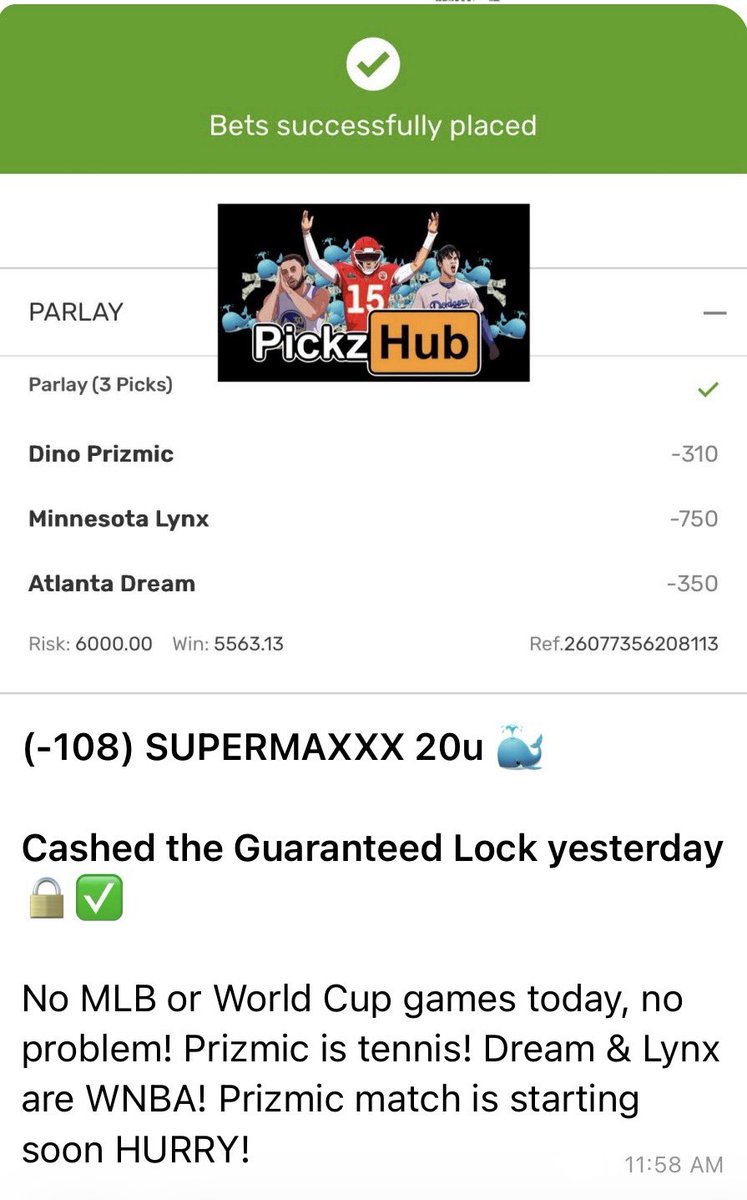 PickzHub's tweet photo. ANOTHER EASY ASS SWEEP FOR VIP IM HIM! 🐐

No MLB or World Cup games? It don’t matter 🤑
I was the biggest KBO and table tennis caller during covid 🐐 

(-108) SUPERMAXXX 30u 🐳✅
PRIZMIC ✅
DREAM ✅
LYNX ✅

MAXXX (-143) 10u 🐳✅
SCHWARBER TO MAKE SEMIS ✅
LYNX ✅

Use code GETRICH for 50% OFF! https://t.co/CBExfaW4KY
