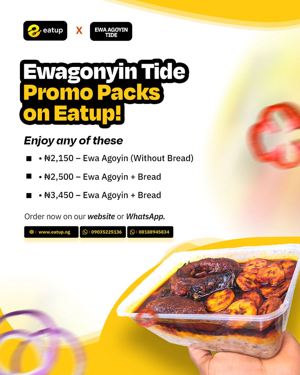 eatupng's tweet photo. Something delicious just landed on EatUp! 🤩

Say hello to @ewagoyin_tide, now officially on EatUp.

Treat yourself to the rich, delicious taste of Ewagonyin Tide’s Bread &amp; Ewa Agoyin, now available on EatUp.

Order now on EatUp and enjoy every bite. 🌶️🍞 https://t.co/HuAi7d8DVA