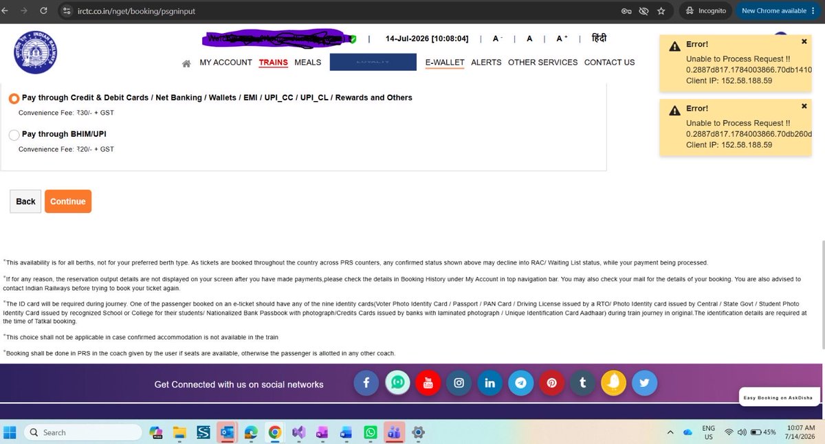 AjayJhaMaithil's tweet photo. Tatkal booking appears to be blocked, and I couldn’t book ticket today in Madhubani. 
If this is due to technical issue or cyberattack, authorities should investigate immediately and restore the service. 
Thousand of passengers are affected. #Tatkal @IRCTCofficial 
@spjdivn https://t.co/tq9d6zDp0j