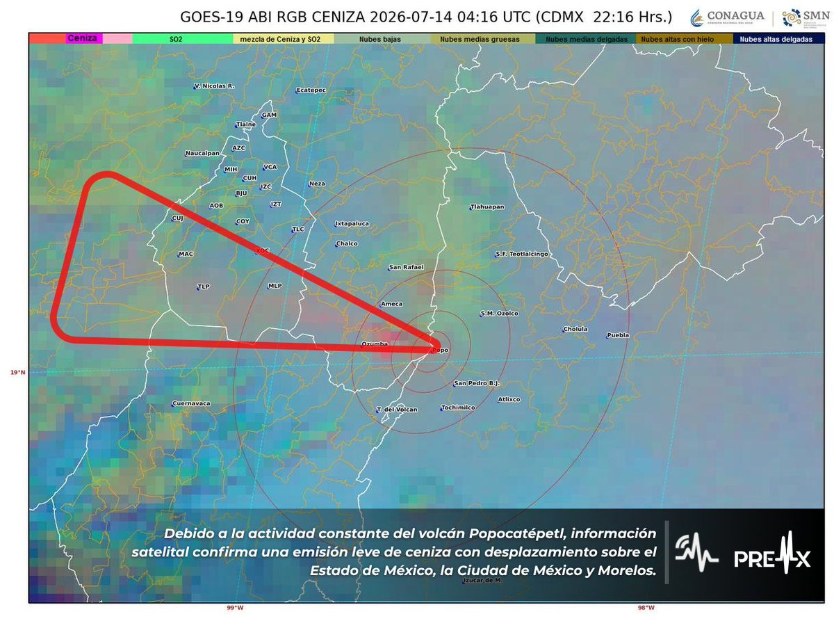 SasslaClimaMx's tweet photo. #AVISO 🌋 | Se ha emitido un aviso especial en el Semáforo de Alerta de Clima de #SASSLAapp por posible caída de #ceniza volcánica para zonas de la #CDMX, #Edoméx y #Morelos. 💨

🟡🛰️ Imágenes de satélite confirman el desplazamiento de emisiones leves hacia el oeste-suroeste respecto al cráter, derivado de la actividad del volcán #Popocatépetl esta noche.

⛑️Toma tus precauciones:

 • Cubre depósitos de agua, utiliza cubrebocas si sales y evita realizar actividades al aire libre.

🚦El Semáforo de Alerta Volcánica se mantienen Amarillo Fase 2.  🟡

Aviso emitido por @PreMxOficial con información del #SMNmx (@conagua_clima).