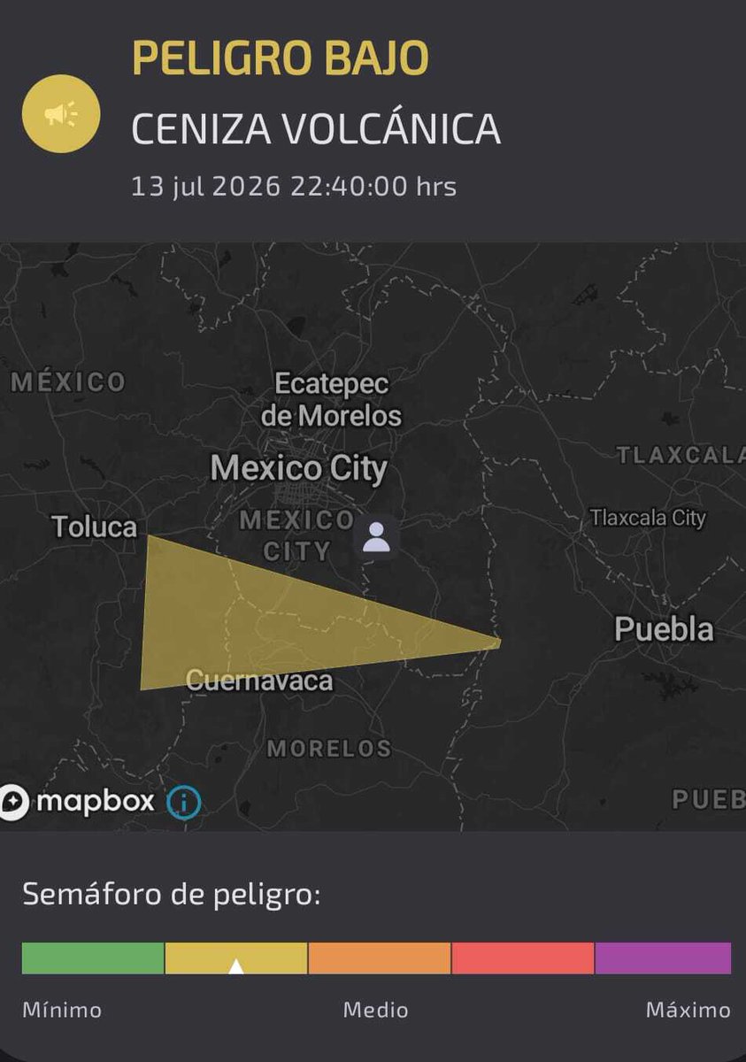 SasslaClimaMx's tweet photo. #AVISO 🌋 | Se ha emitido un aviso especial en el Semáforo de Alerta de Clima de #SASSLAapp por posible caída de #ceniza volcánica para zonas de la #CDMX, #Edoméx y #Morelos. 💨

🟡🛰️ Imágenes de satélite confirman el desplazamiento de emisiones leves hacia el oeste-suroeste respecto al cráter, derivado de la actividad del volcán #Popocatépetl esta noche.

⛑️Toma tus precauciones:

 • Cubre depósitos de agua, utiliza cubrebocas si sales y evita realizar actividades al aire libre.

🚦El Semáforo de Alerta Volcánica se mantienen Amarillo Fase 2.  🟡

Aviso emitido por @PreMxOficial con información del #SMNmx (@conagua_clima).