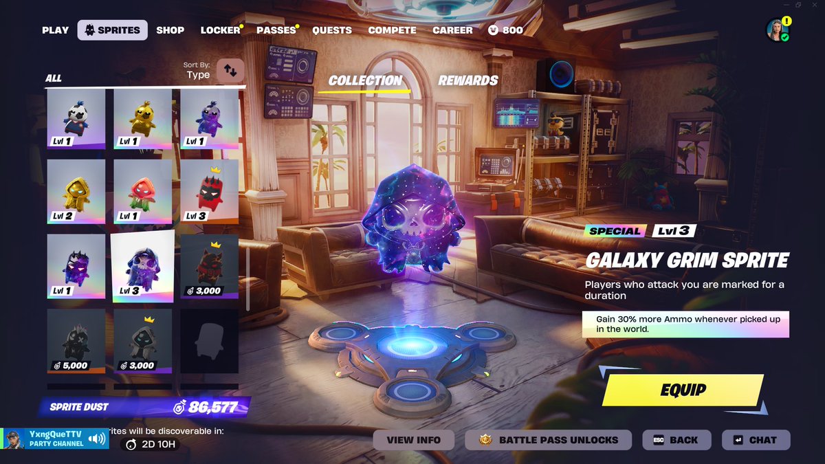 Vyseans's tweet photo. Finally found a rare Galaxy Grim Sprite 🤗 no zero point sprite yet tho 😢 i be searching and opening so many chests and sprite boxes wow 

#fortnite https://t.co/cj7Y1cPbS3