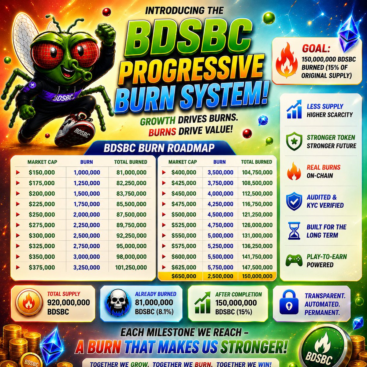 BugsGame83515's tweet photo. 🔥 BDSBC Progressive Burn System – Official Announcement 🔥

Dear Diamond Hands and long-term holders,

Today we are officially introducing our Progressive Burn System — a transparent long-term deflationary strategy designed to reduce the circulating supply as the project continues to grow.

Instead of random burns, every burn will only be executed after reaching predefined Market Cap milestones.

🔥 Progressive Burn Milestones

At $150,000 Market Cap → 🔥 Burn 1,000,000 BDSBC
Total Burned: 81,000,000 BDSBC
At $175,000 Market Cap → 🔥 Burn 1,250,000 BDSBC
Total Burned: 82,250,000 BDSBC

At $200,000 Market Cap → 🔥 Burn 1,500,000 BDSBC
Total Burned: 83,750,000 BDSBC
At $225,000 Market Cap → 🔥 Burn 1,750,000 BDSBC
Total Burned: 85,500,000 BDSBC

At $250,000 Market Cap → 🔥 Burn 2,000,000 BDSBC
Total Burned: 87,500,000 BDSBC
At $275,000 Market Cap → 🔥 Burn 2,250,000 BDSBC
Total Burned: 89,750,000 BDSBC

At $300,000 Market Cap → 🔥 Burn 2,500,000 BDSBC
Total Burned: 92,250,000 BDSBC
At $325,000 Market Cap → 🔥 Burn 2,750,000 BDSBC
Total Burned: 95,000,000 BDSBC

At $350,000 Market Cap → 🔥 Burn 3,000,000 BDSBC
Total Burned: 98,000,000 BDSBC
At $375,000 Market Cap → 🔥 Burn 3,250,000 BDSBC
Total Burned: 101,250,000 BDSBC

At $400,000 Market Cap → 🔥 Burn 3,500,000 BDSBC
Total Burned: 104,750,000 BDSBC
At $425,000 Market Cap → 🔥 Burn 3,750,000 BDSBC
Total Burned: 108,500,000 BDSBC

At $450,000 Market Cap → 🔥 Burn 4,000,000 BDSBC
Total Burned: 112,500,000 BDSBC
At $475,000 Market Cap → 🔥 Burn 4,250,000 BDSBC
Total Burned: 116,750,000 BDSBC

At $500,000 Market Cap → 🔥 Burn 4,500,000 BDSBC
Total Burned: 121,250,000 BDSBC
At $525,000 Market Cap → 🔥 Burn 4,750,000 BDSBC
Total Burned: 126,000,000 BDSBC

At $550,000 Market Cap → 🔥 Burn 5,000,000 BDSBC
Total Burned: 131,000,000 BDSBC
At $575,000 Market Cap → 🔥 Burn 5,250,000 BDSBC
Total Burned: 136,250,000 BDSBC

At $600,000 Market Cap → 🔥 Burn 5,500,000 BDSBC
Total Burned: 141,750,000 BDSBC
At $625,000 Market Cap → 🔥 Burn 5,750,000 BDSBC
Total Burned: 147,500,000 BDSBC

At $650,000 Market Cap → 🔥 Burn 2,500,000 BDSBC
Final Total Burned: 150,000,000 BDSBC
📊 Burn Summary

🔥 Burn begins at $150,000 Market Cap
📈 One burn milestone every +$25,000 Market Cap

🔥 Burn amount increases by 250,000 BDSBC at every milestone
💎 70,000,000 additional BDSBC will be permanently removed from circulation

🎯 Final burned supply: 150,000,000 BDSBC (15% of the original supply)
Every milestone.
Every burn.
Every step brings us closer to a stronger ecosystem.

Less Supply. More Scarcity. More Value.
🔥 The road to $650,000 Market Cap starts now!
#BDSBC #Ethereum #Crypto #DeFi #Altcoin #CryptoCommunity #TokenBurn #Deflationary #Web3 #DiamondHands