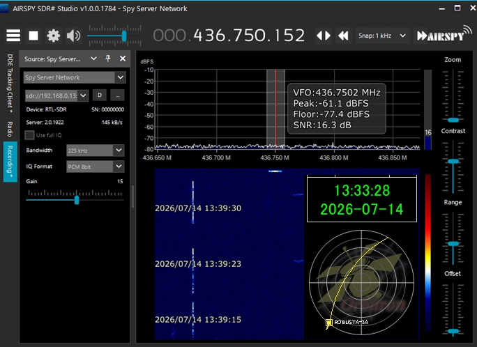 Ja3Tdw's tweet photo. ROBUSTA-3A 9k6 TLM 04:34UTC pass over Japan. 5 frames uploaded to SatMOGS https://t.co/HMnLEyptXA