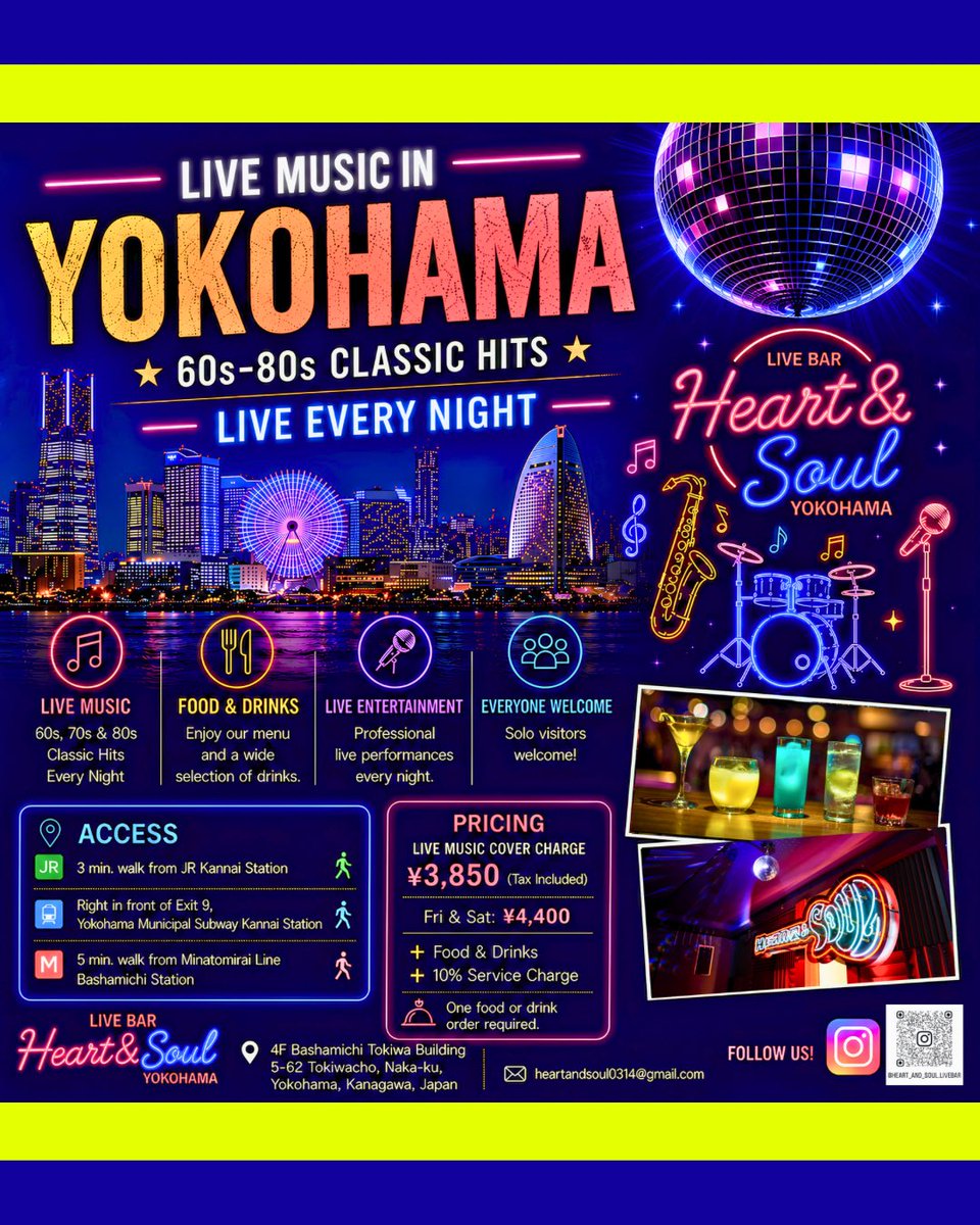 heartandsoul_yk's tweet photo. We can’t wait to welcome you!
#yokohamanightlife
#yokohamabar
#YokohamaExpats
#visityokohama
#yokohamatravel
#JapanTravel
#Japan
#Yokohama
#Kannai
#Bashamichi
#thingstodoinyokohama
#JapanExpats
#LiveMusicJapan
#LiveMusic
#LiveBand
#livemusicbar
#classichits
#DiscoMusic https://t.co/HO23l5HDLD