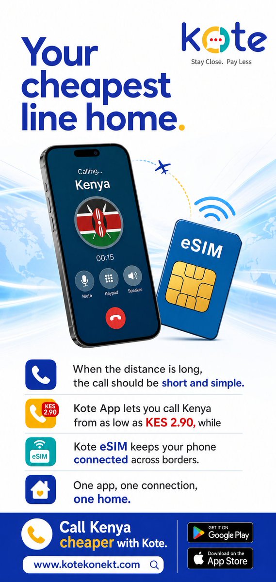 kotekonekt's tweet photo. Call Kenya from as low as KES 2.90/min with Kote! 
Stay connected across borders with Kote eSIM. 🌍
🏠 One app. One connection. One home.
👉 Download now: https://t.co/YzZLMEMOaN
#CallKenyaCheaper #Kote #StayClosePayLess https://t.co/rc2xWmjIFk