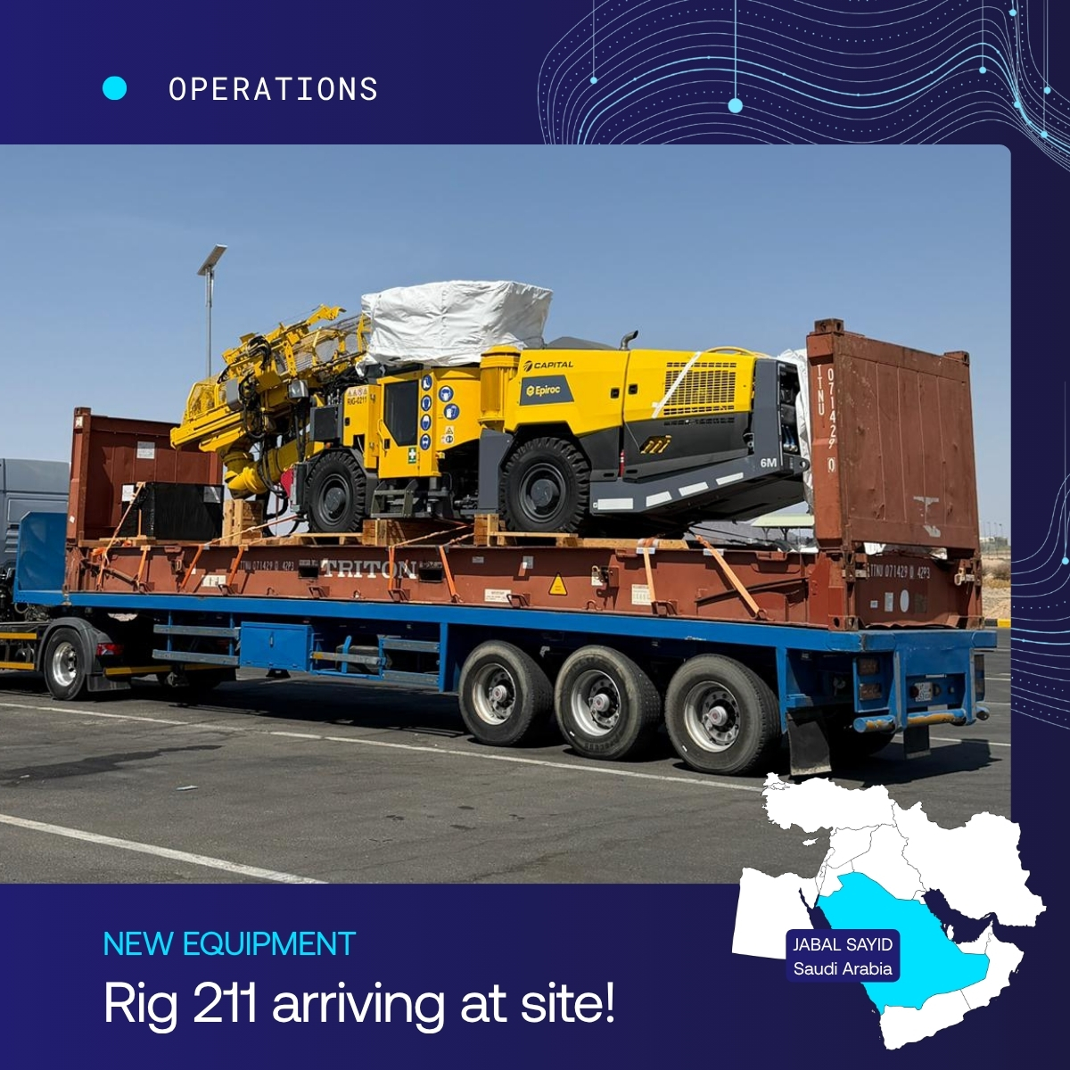 _CapitalLimited's tweet photo. The latest addition to our fleet has arrived at Jabal Sayid. Rig 211 is part of our ongoing fleet management program, ensuring we maintain a young modern fleet incorporating the latest features for operational efficiency and safety.

#CAPD #CapitalLimited #Drilling #Mining #JabalSayid #SaudiArabia #Safety #OperationalExcellence #ModernFleet