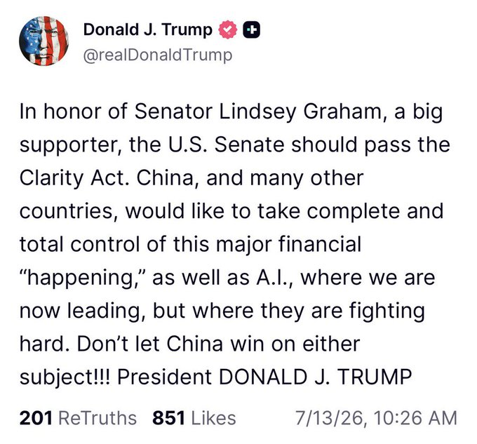 CryptoEducStan's tweet photo. Trump calls on Senate to pass Clarity Act, warning China seeks control over U.S. financial innovation and AI leadership. Crypto market structure bill gains high-profile support. https://t.co/1WmBJGBtvw