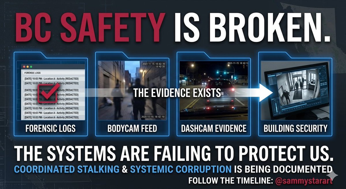 sammystarart's tweet photo. @VanCityVice Coordinated stalking and proximity harassment are being enabled by systemic failure in BC. Building managers and police ignore concrete forensic evidence until it’s too late. Public safety is broken. I'm documenting the full truth. Follow the timeline: @sammystarart https://t.co/FWqWL6GX37