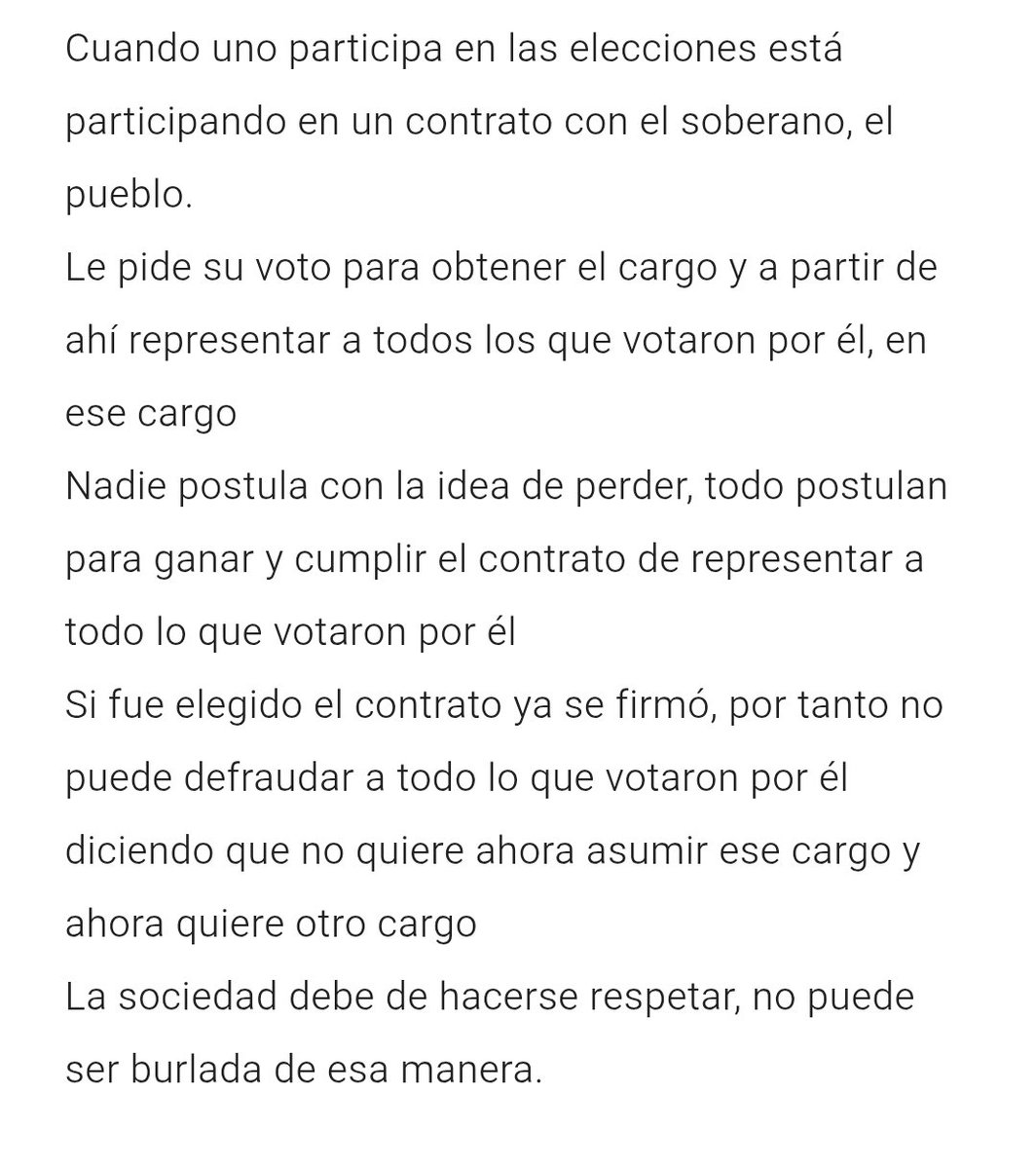 jmeamick's tweet photo. @Epicentro_TV El contrato social entre el pueblo y el candidato a un cargo de elección, Se confirma cuando el candidato es elegido con el voto de del pueblo 
Por tanto a partir de ahí ya no puede renunciar a ese cargo, estás implícito que quién postula, lo hace con la seriedad que va a cumplir https://t.co/zZpNJ1OucN