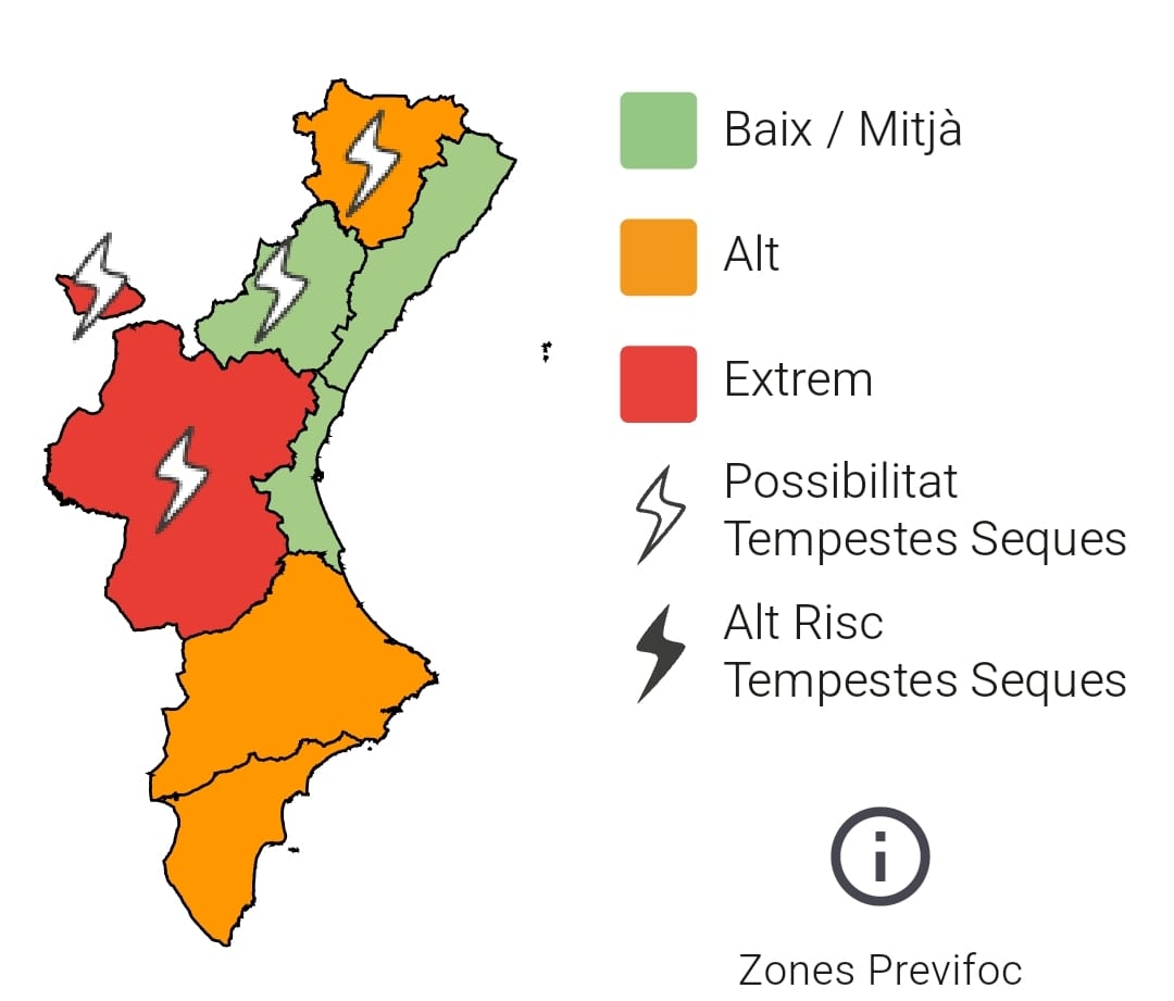 GVA112's tweet photo. 🔥El nivell de preemergència de risc d'incendis forestals hui 14/07 és:

🔴Extrem a l'interior de València
🟠Alt a l'interior nord de Castelló, sud de València i a Alacant
🟢Baix-mitjà a la resta de la Comunitat Valenciana

⚡️Possibilitat de tempestes seques a l'interior de Castelló i de València

#StopAlFoc