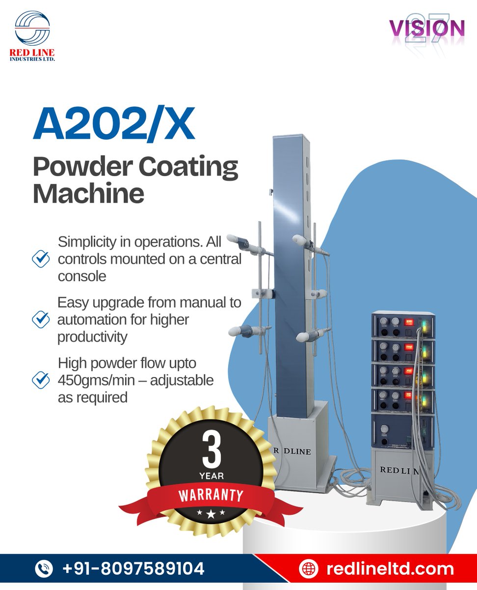PowderCoatingRL's tweet photo. A202/X Powder Coating Machine

✔ Central console controls
✔ Easy upgrade from manual to automation
✔ High powder flow up to 450 gms/min (adjustable)
✔ 3-Year Warranty
📞 +91-8097589104
🌐 https://t.co/qxf3KumLeK
#PowderCoating #IndustrialAutomation #RedLineIndustries https://t.co/GGzbgPpR91
