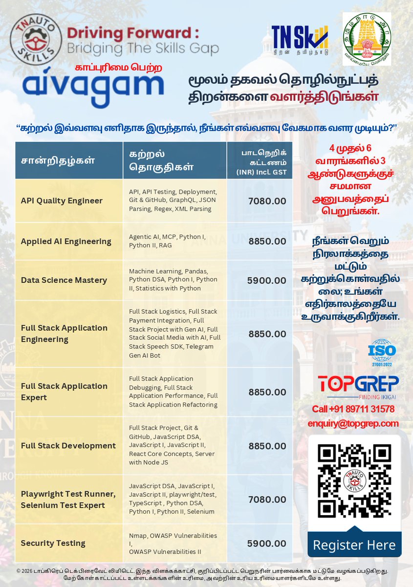 TnAutoSkills's tweet photo. TopGrep Tech Pvt Limited, through its patented Aivagam platform is delivering industry-focus IT training association with TN AutoSkills - TN AutoSkills enabling learners to gain hands-on experience through real-world AI-powered learning.

#TNAutoSkills #AIVAGAM #SkillDevelopment https://t.co/LbA4lsmYJb