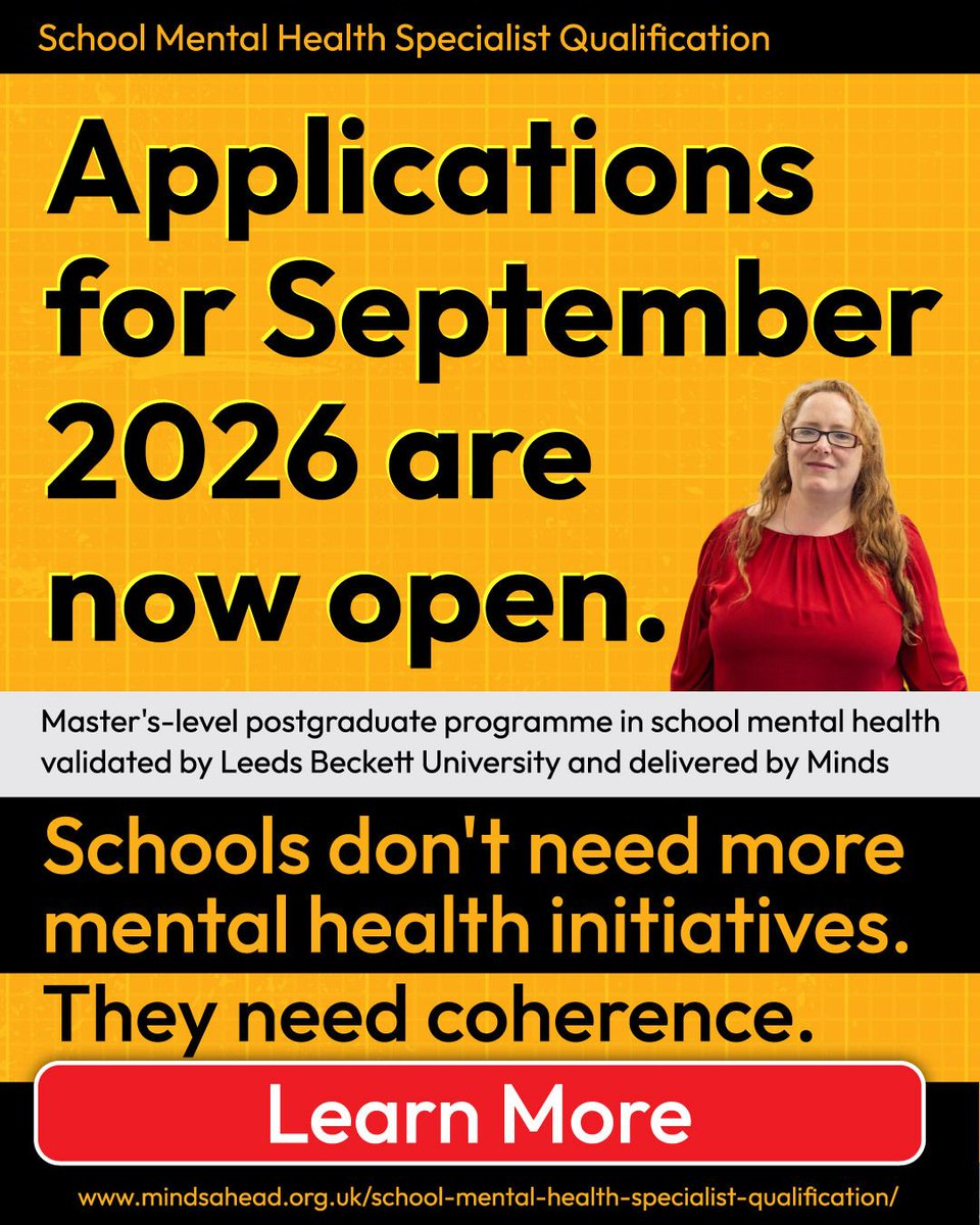 Minds_Ahead's tweet photo. 📢 Applications for September 2026 are now open.

🎓 Learn more: https://t.co/xzcDeRWIut

#SchoolMentalHealth #MentalHealthLeadership #EducationLeadership #SchoolWellbeing #ProfessionalDevelopment https://t.co/LjSdiMhujx