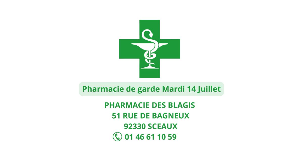 fontenay92's tweet photo. #PharmacieDeGarde 💊

Ce dimanche, la pharmacie de garde est : 
📍PHARMACIE DES BLAGIS - 51 RUE DE BAGNEUX 92330 SCEAUX
📞 01 46 61 10 59

En cas de besoin, merci de contacter directement l’officine. https://t.co/OAeST7D7XH