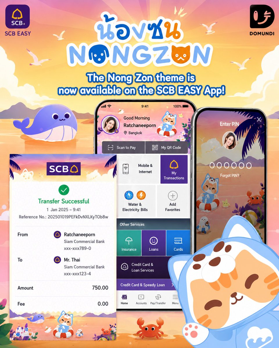 ZNN_Galaxy's tweet photo. 🐶🐱🥚 Our Kai Jeng got a job!!🥚🐱🐶

Our baby is officially working now! 🥹To all the Grandma/Pa, Phi, and Yais, let's shower our Kai Jeng with lots of love and support! Please don't forget to like, comment, share, and engage with the official post using the hashtags:

#NongZonxSCBTheme
#BabyNongZon

We've also translated the instructions into English for everyone because this collaboration is just too cute to miss! 🐶🐱🥚

✨ Add a little extra cuteness to your app screen! ✨

Download the "DOMUNDI: Naughty Little Ones, But Not Really Naughty Na~" theme and let Baby Nong Zon brighten your day every time you open the SCB EASY App! 💙

📲 Download the theme now!

Or access the Theme Store in just 3 taps:

1️⃣ Select "EASY Store – Financial Services Hub."
2️⃣ Tap "Themes / Theme Store."
3️⃣ Open "Theme Store" and choose the Nong Zon theme.

Once your payment is complete, simply return to the Theme Store and apply your newly purchased theme!

Note: Terms and conditions are subject to those set by the Bank and SCB TechX Co., Ltd.

💙 Let's give our hardworking Baby Nong Zon all the love he deserves and make this collab a huge success! 🥚🐱🐶

 - 🌈
